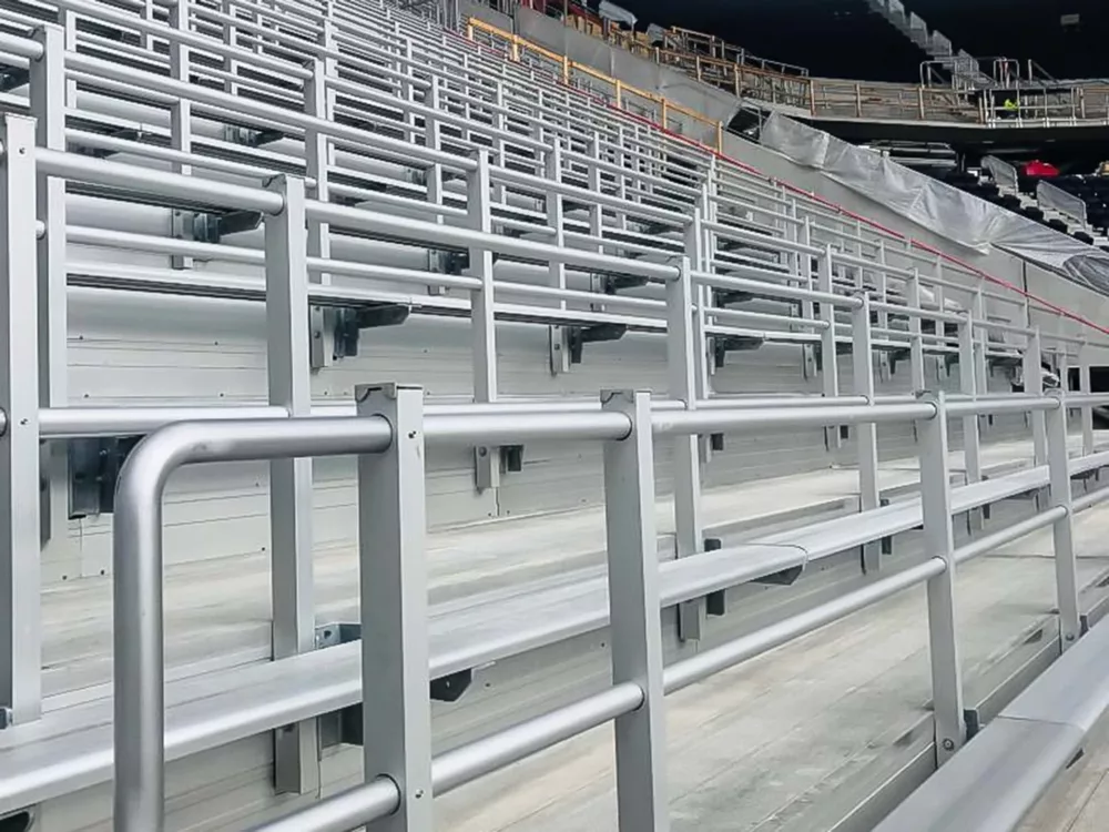 a close up view of aluminum deck railing - a feature of Dant Clayton's grandstands.
