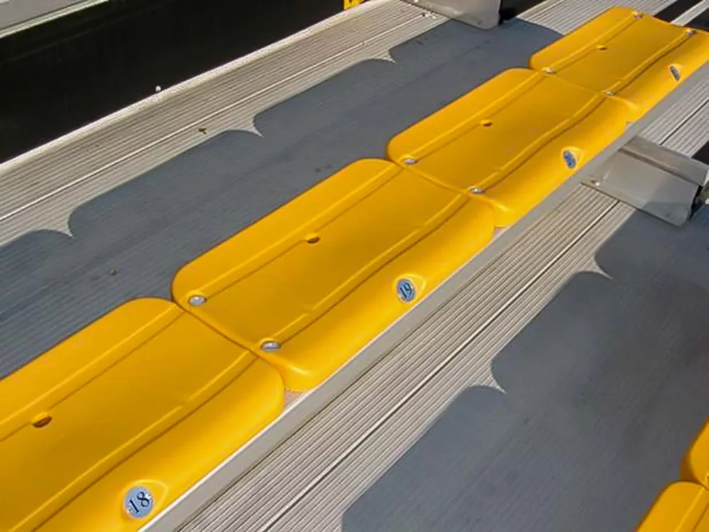 Close-up view of stadium bleacher seats.
