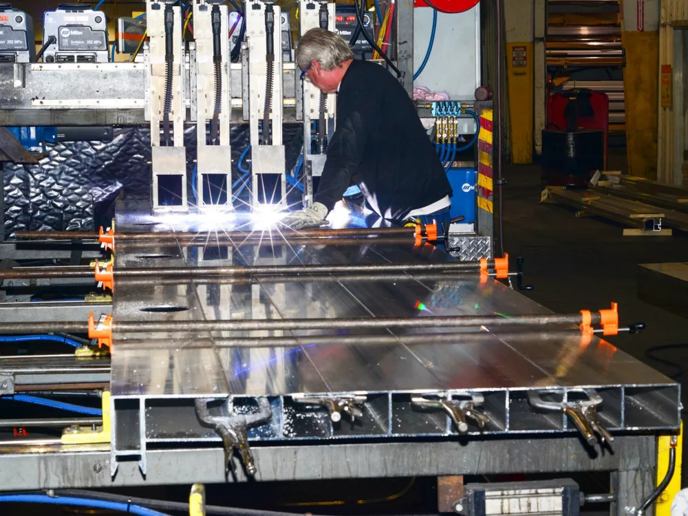 Long-Span Aluminum decking system being welded.