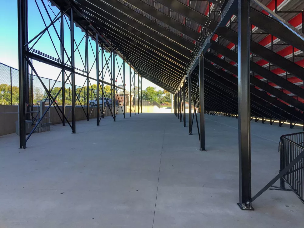 A view of the I-Beam grandstand seating structure from below.