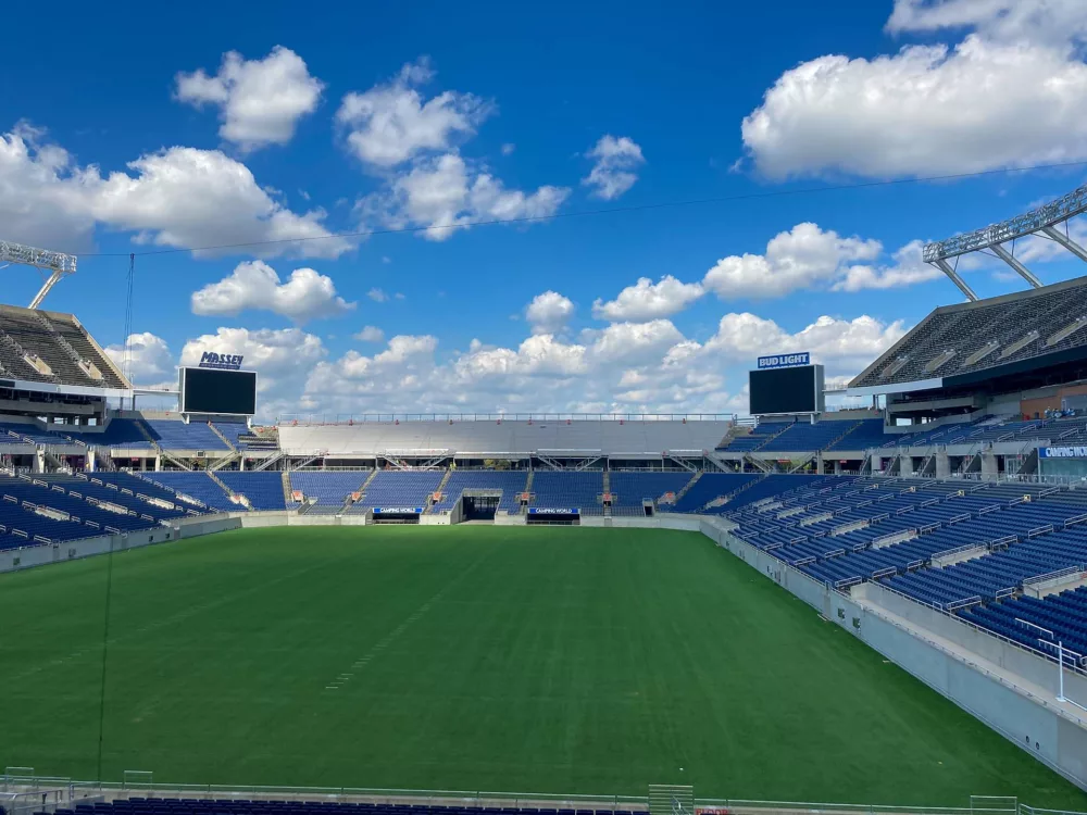 Wider view of the upper bowl decking system at Camping World Stadium.