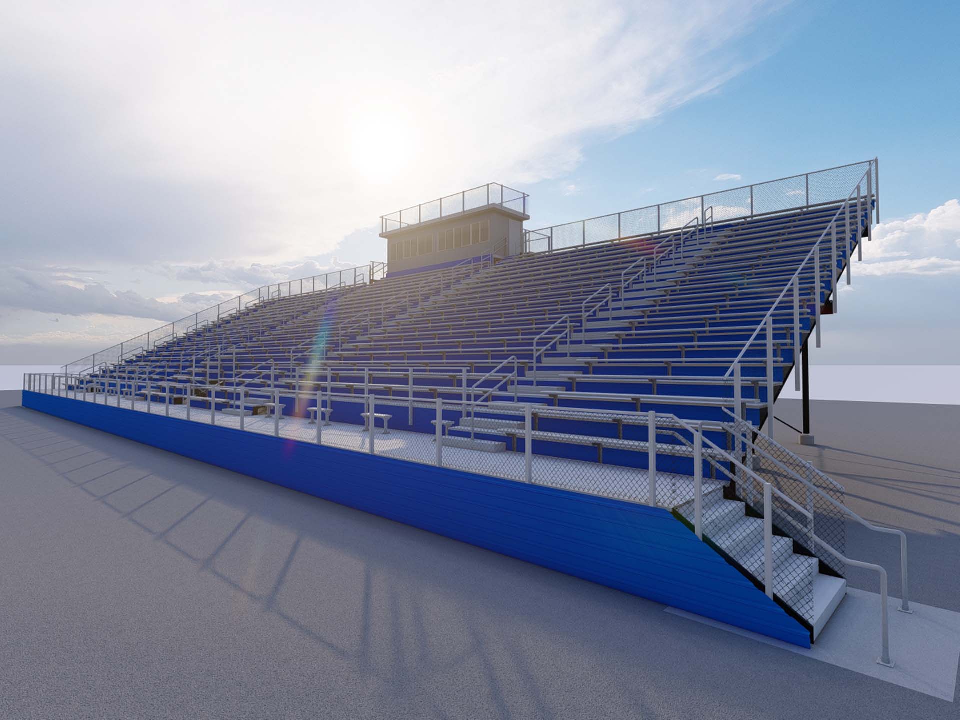 I-Beam Grandstand featuring custom bleacher seats and aluminum rail.