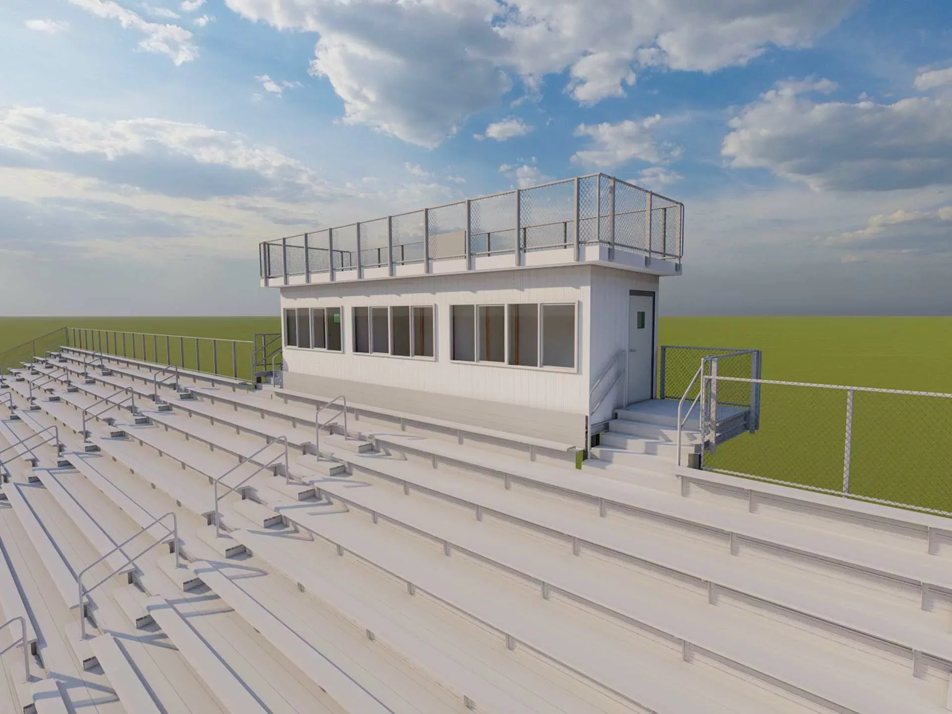 Pre-engineered press box design. Press box installation can be done by Dant Clayton and added to a grandstand.