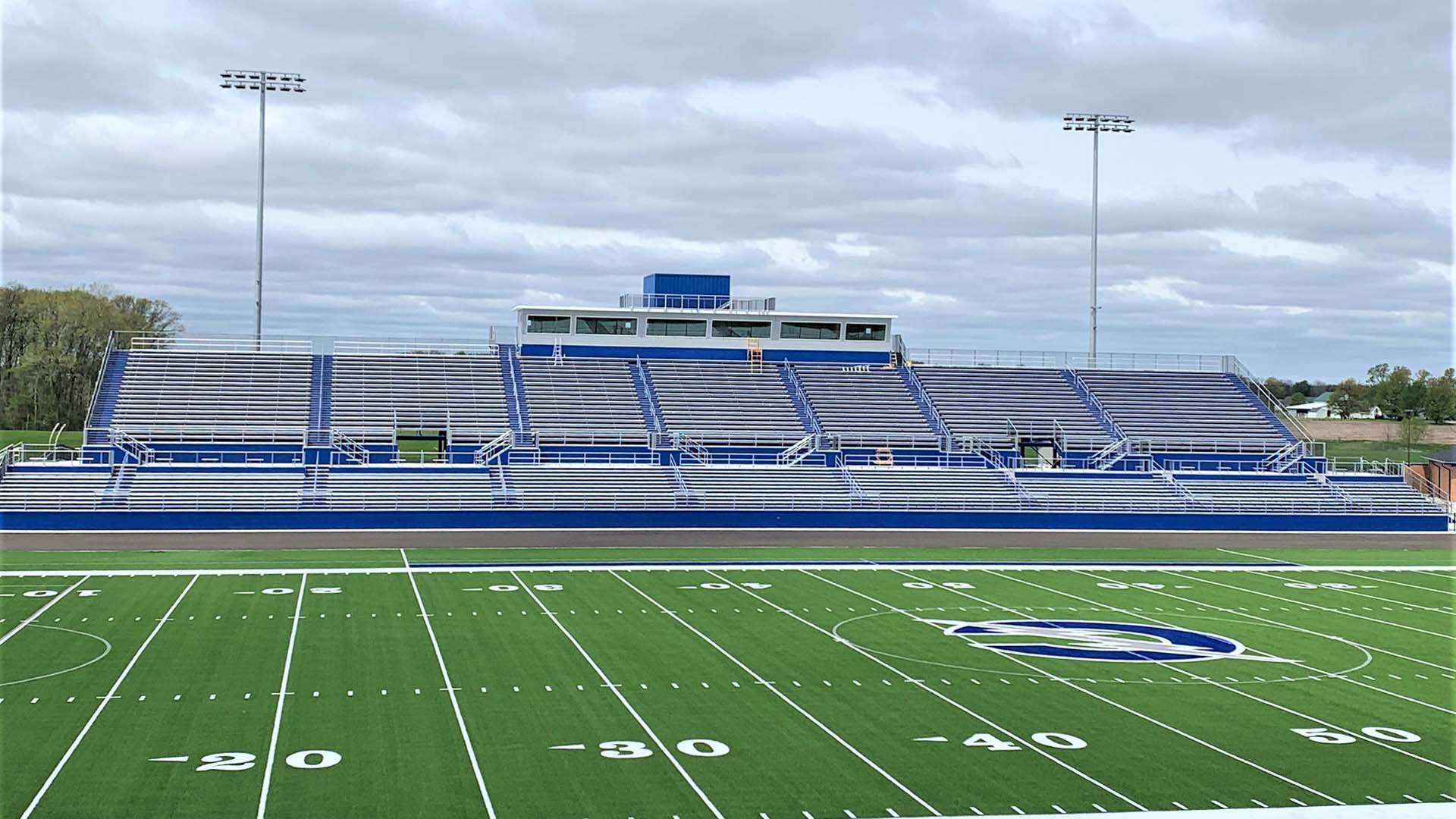Carroll High School grandstand seating, complete with a press box at the top.