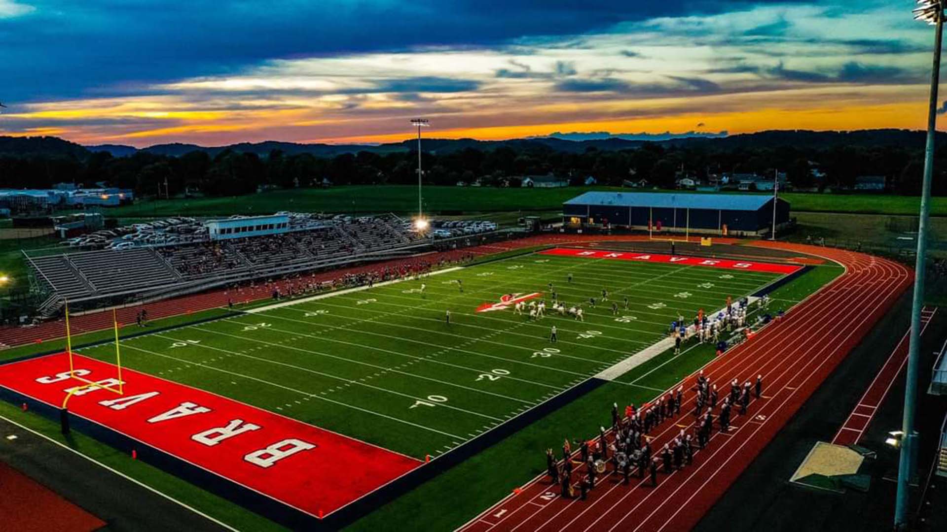 Full field view of Indian Valley High School, with focus on the grandstand structure along the sideline.