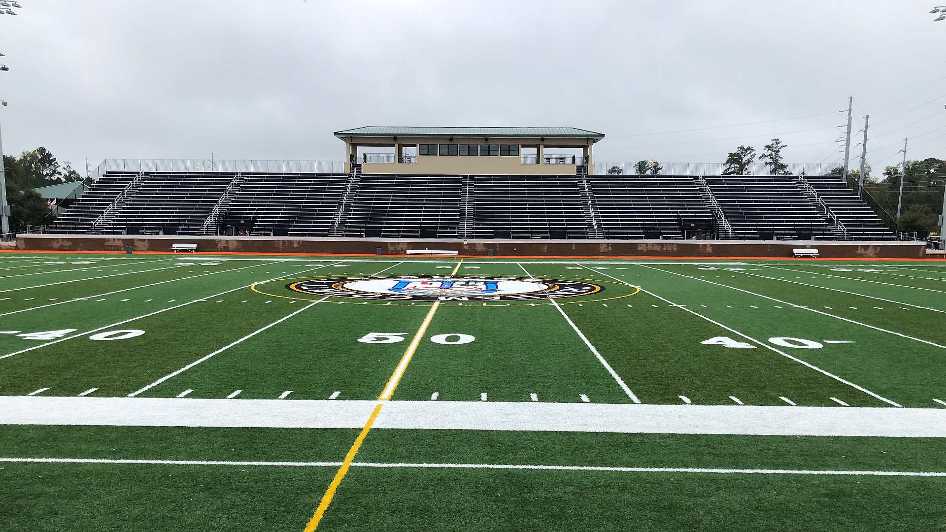 Grandstand and press box at Memorial Stadium.
