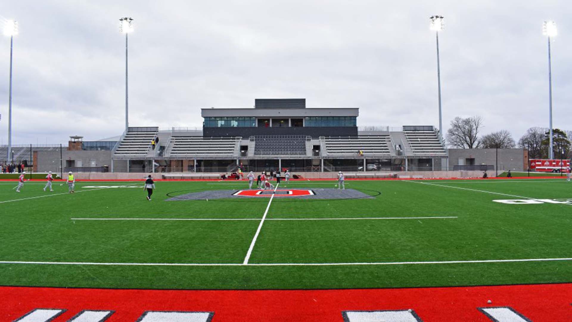 A press box and grandstand seating for Ohio State Lacrosse.