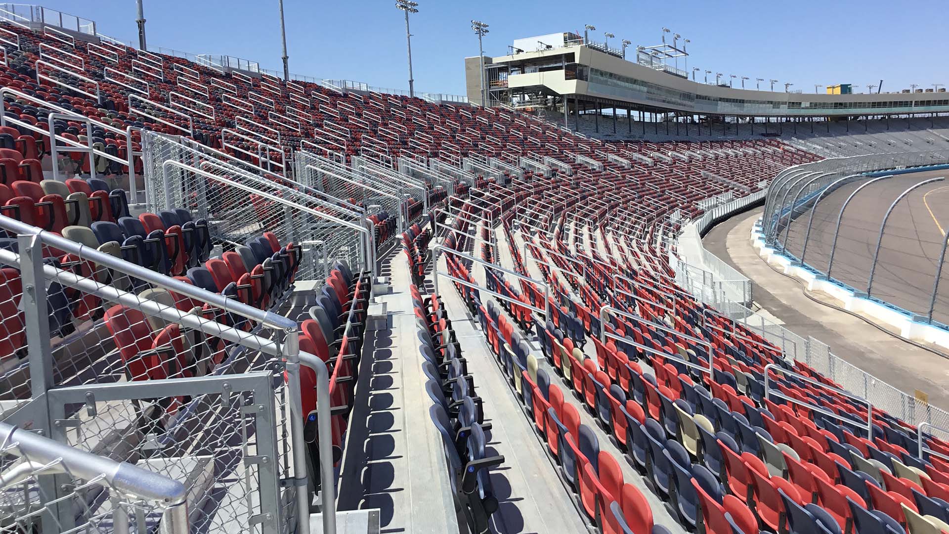 The large grandstand structure at Phoenix International Raceway, held together by the welded decking system.