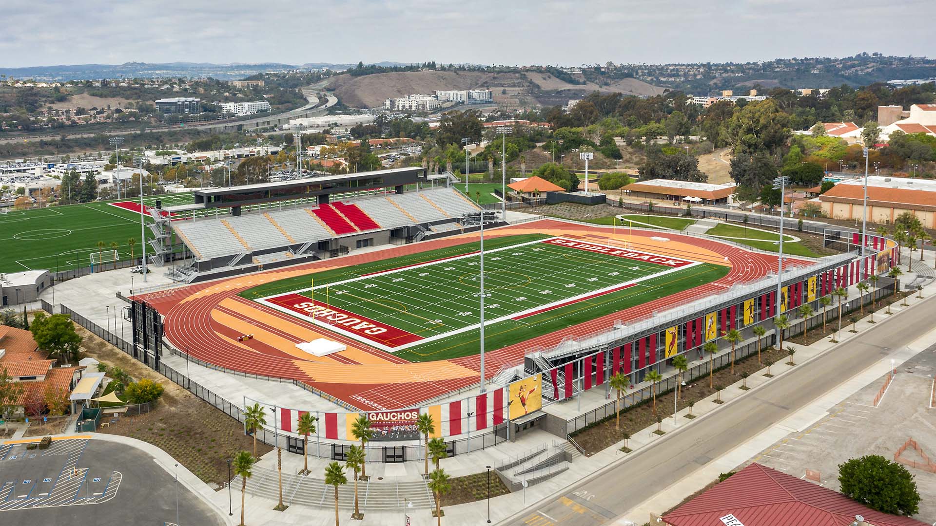 Saddleback College has two grandstands that stretch around its field, complete with a press box.
