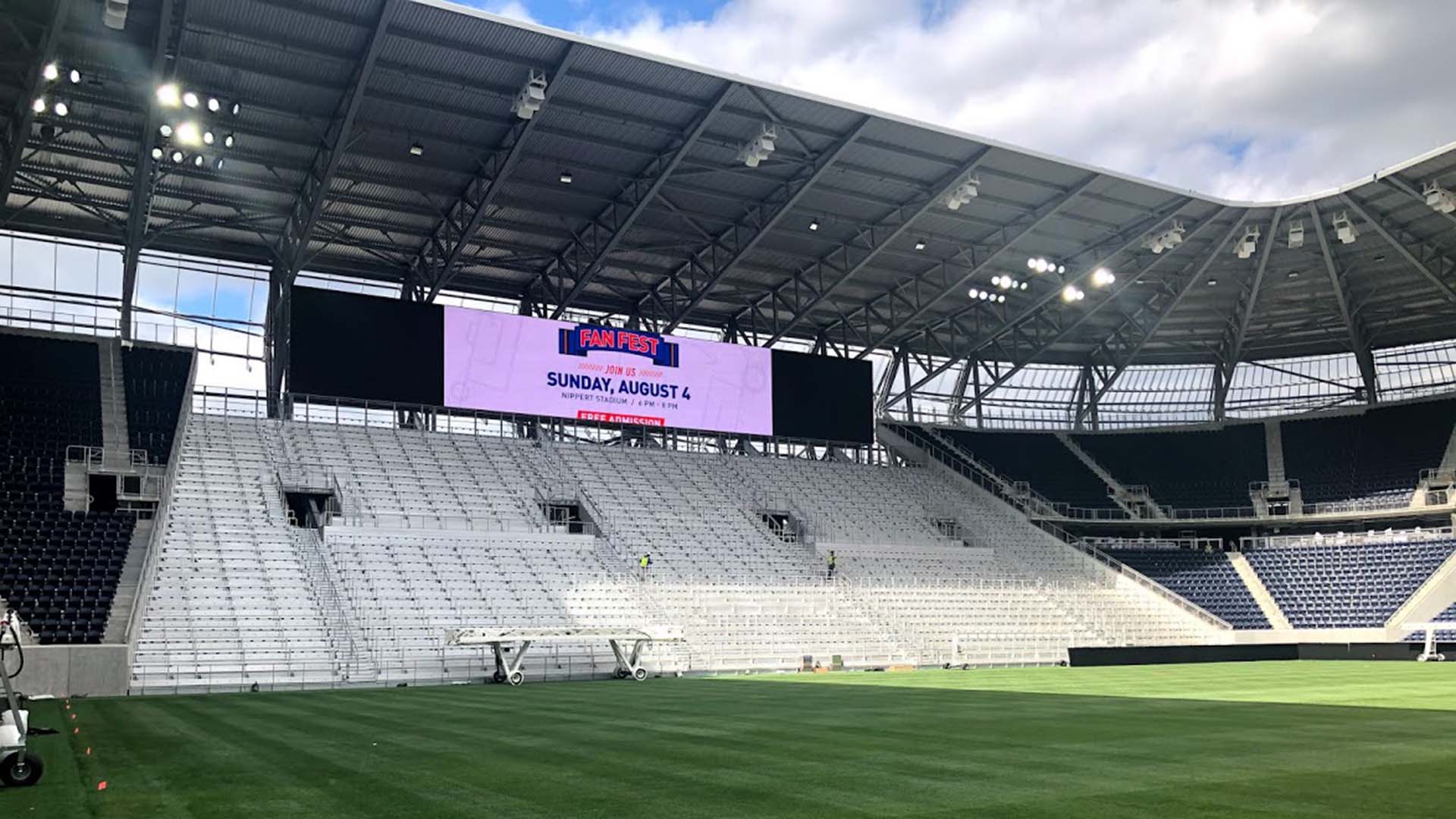 TQL Stadium: several grandstands attached to decking systems hosting custom bleacher seats.