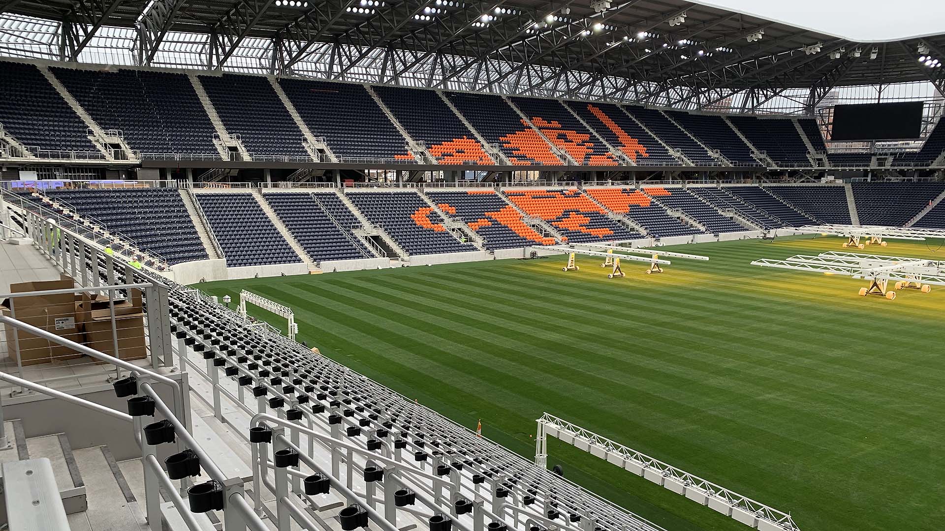 TQL Stadium grandstands are finished with aluminum deck railing.