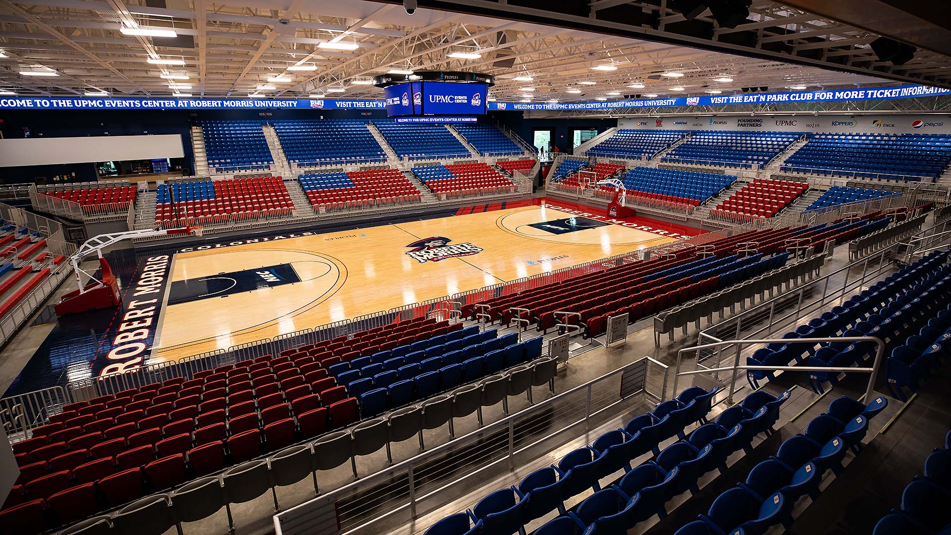 A view of the colorful arena seat concepts and decking system at UPMC Events Center.