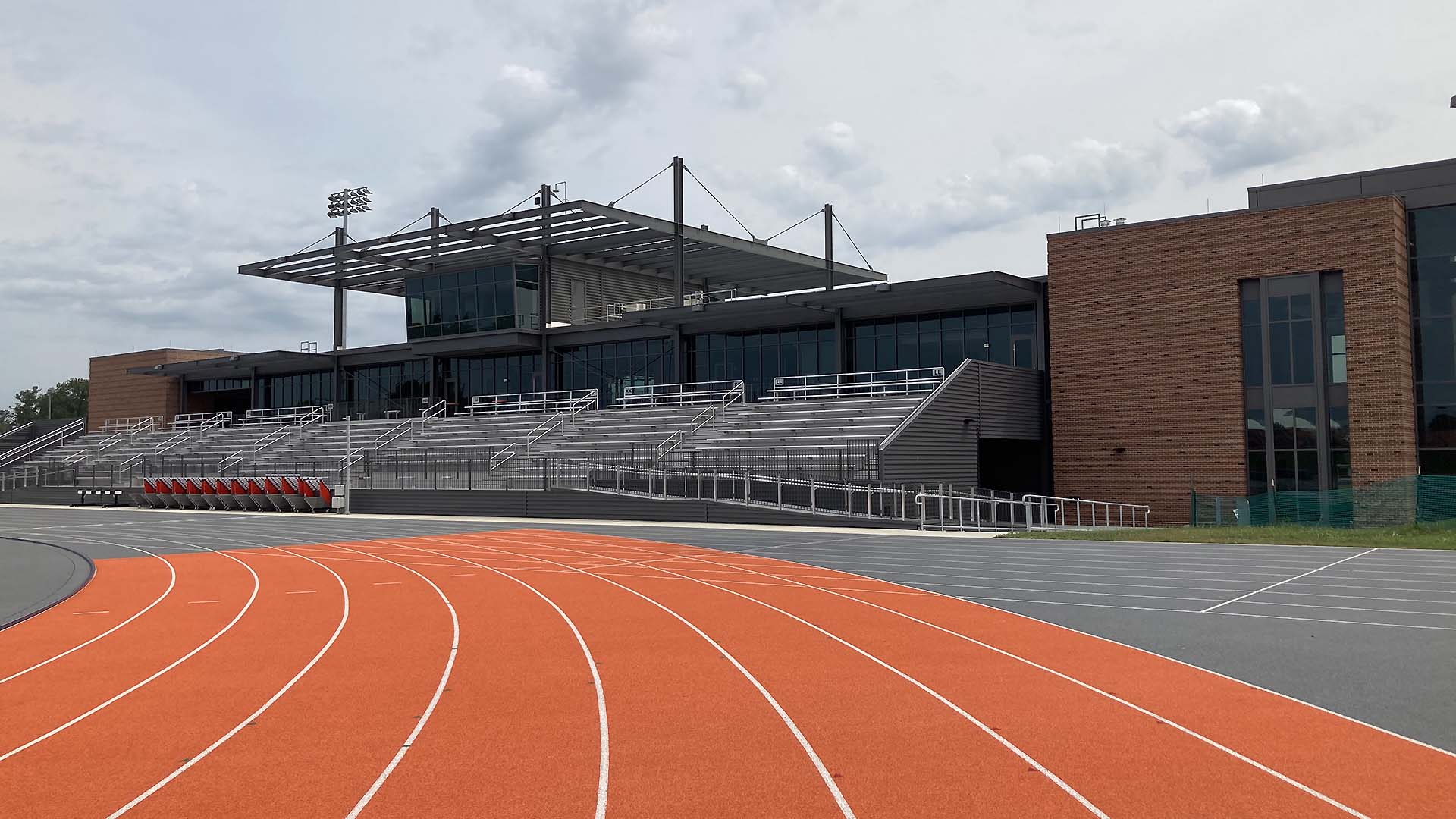 grandstand and Press Box structure at the University of Illinois Track and Field complex.