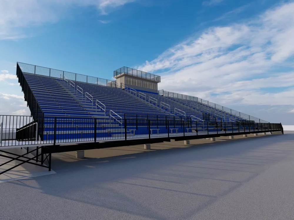 Game Ready Grandstands feature a press box and aluminum bench seating.