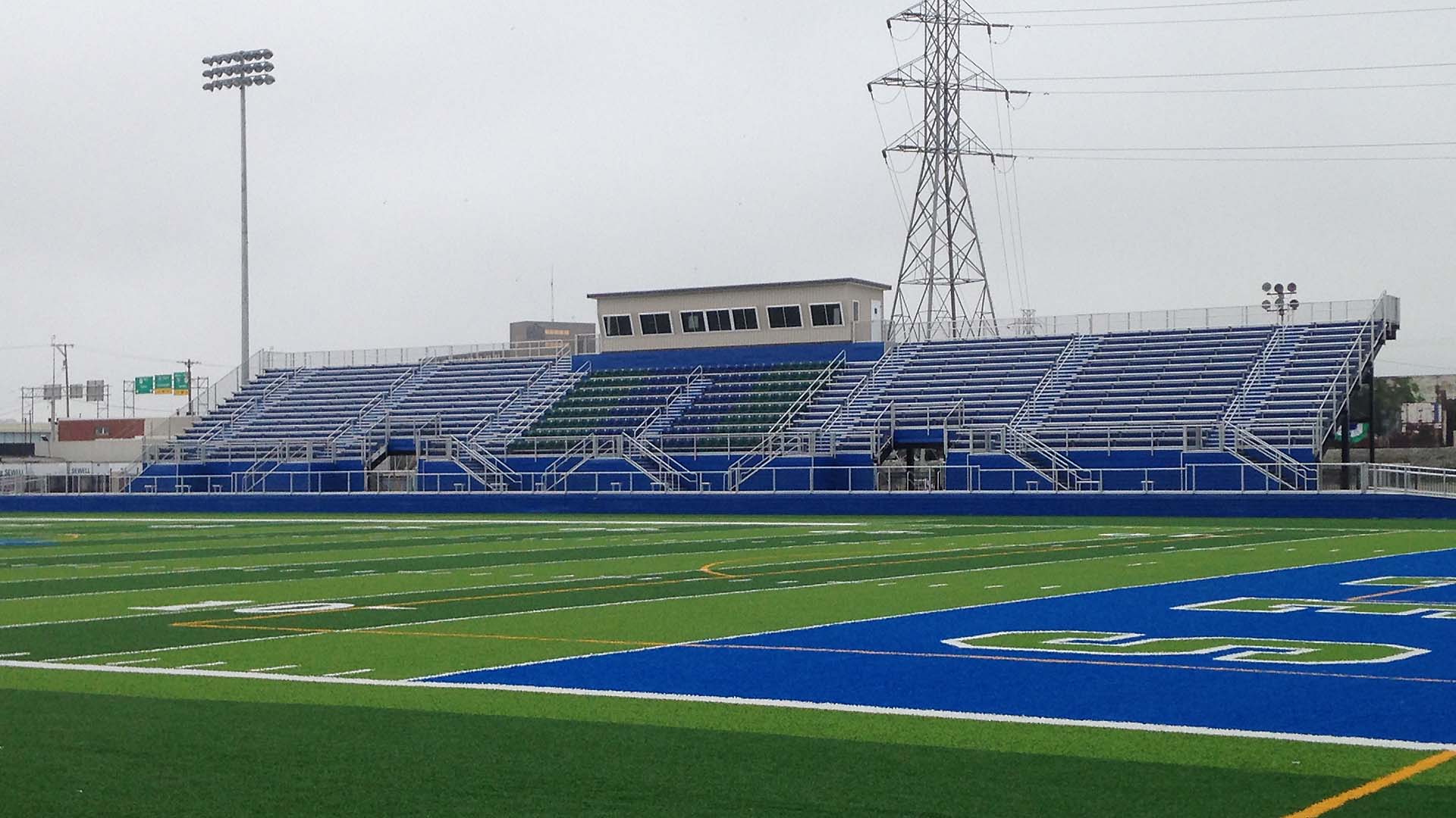 Grandstand and press box view at Chaminade Julienne Catholic High School.