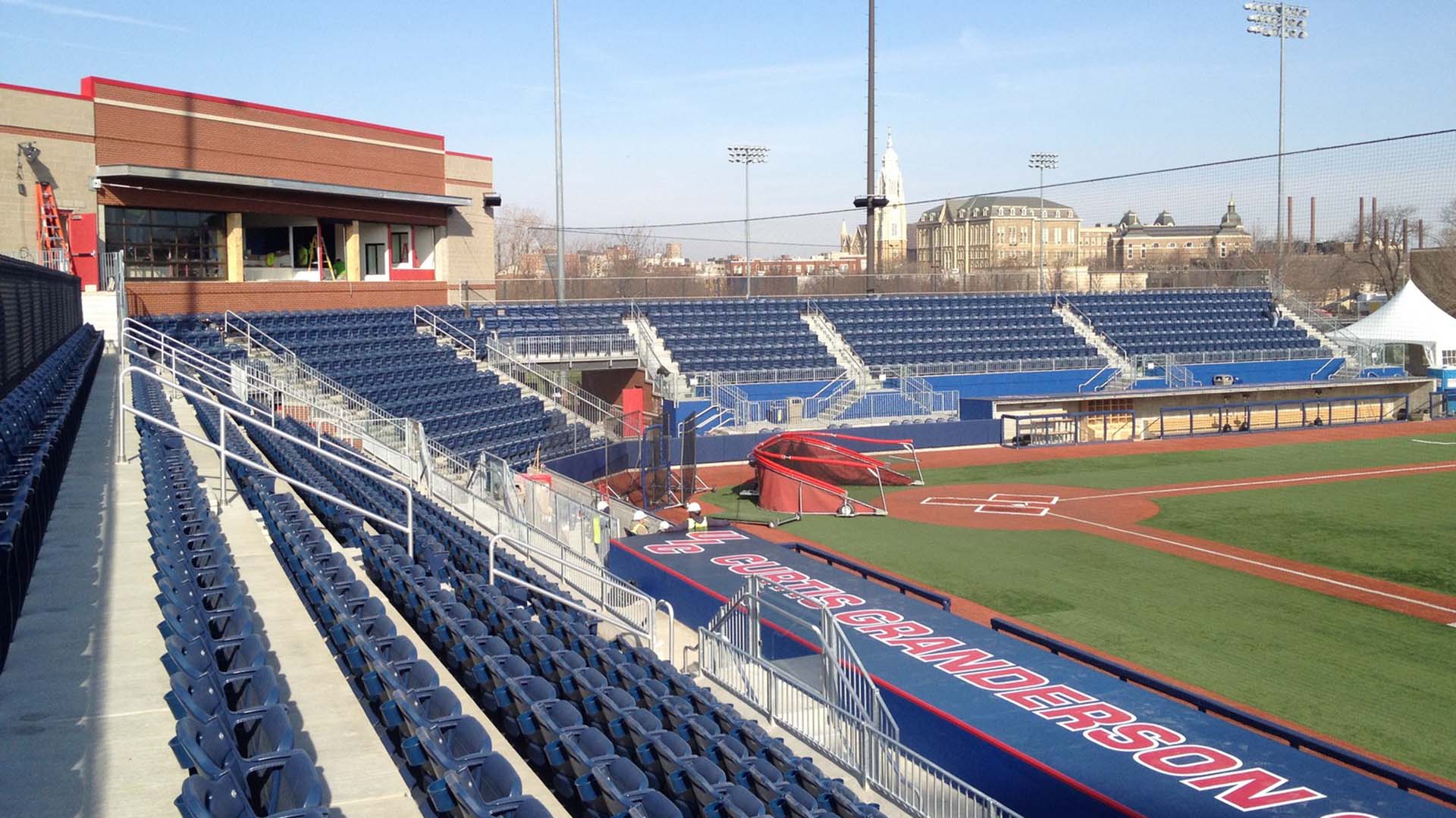 Curtis Granderson Stadium, featuring a large stadium decking system complete with a press box.