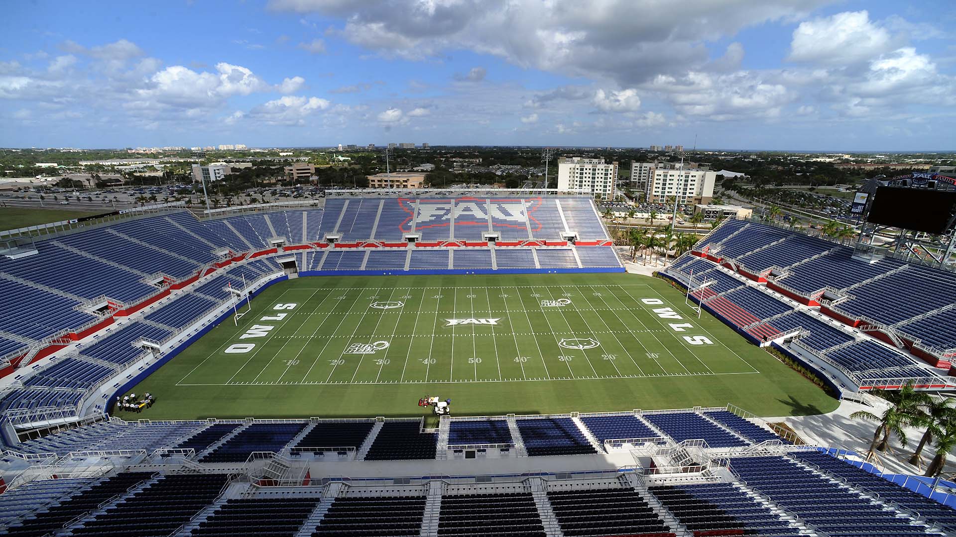 FAU Stadium includes a large horseshoe grandstand and custom bleacher seats.