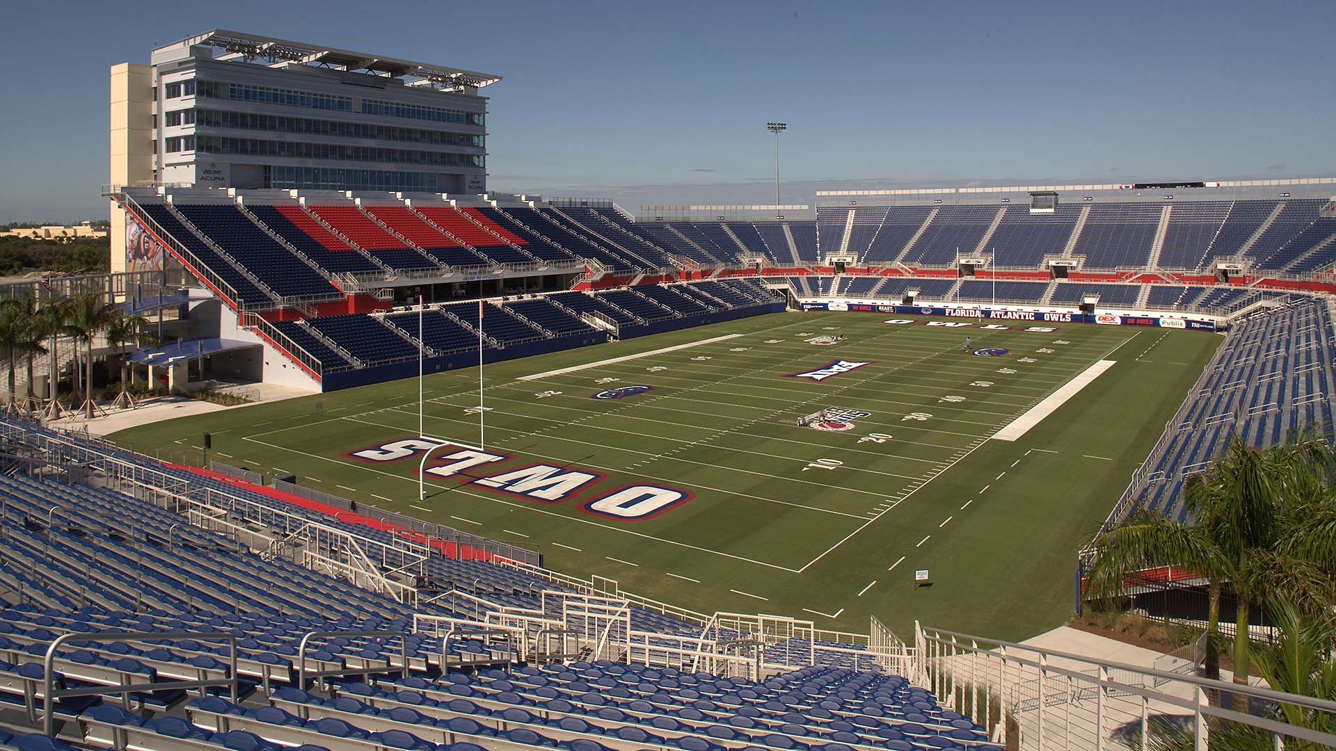 Alternate view of FAU Stadium includes a large horseshoe grandstand and custom bleacher seats.