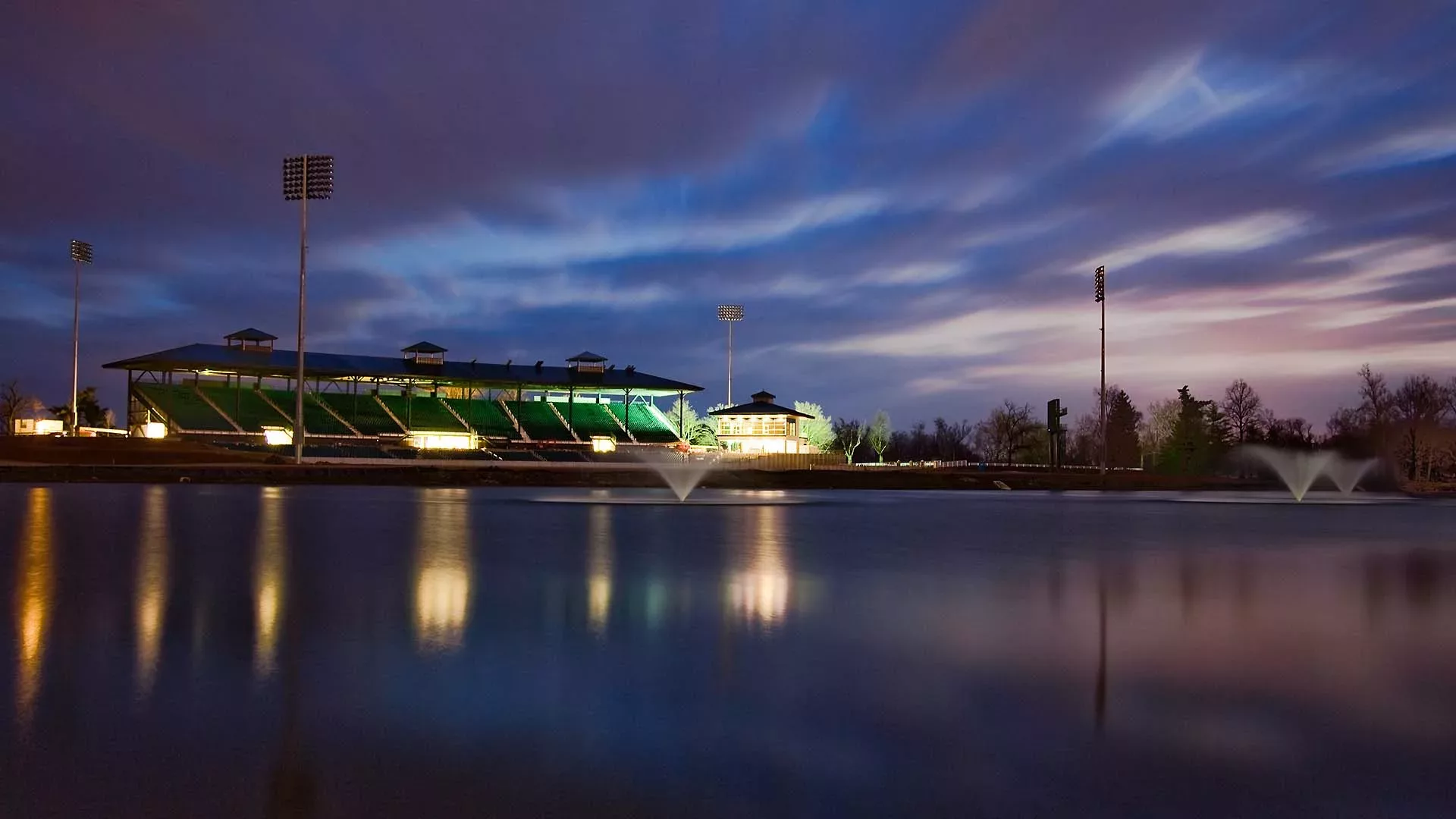 A nighttime view of the Kentucky Horse Park grandstands.