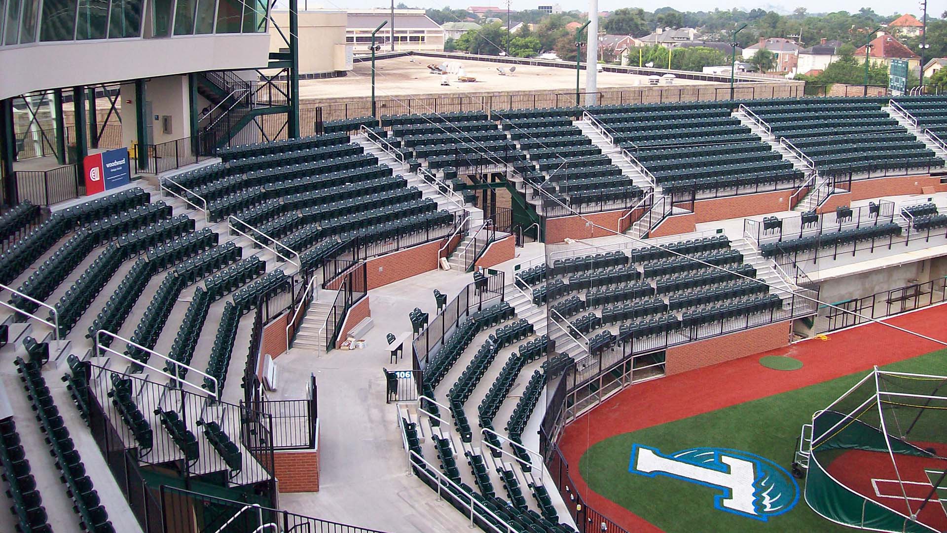 Alternate view of Turchin Stadium aluminum deck railing, including the stadium's custom bleacher seats.