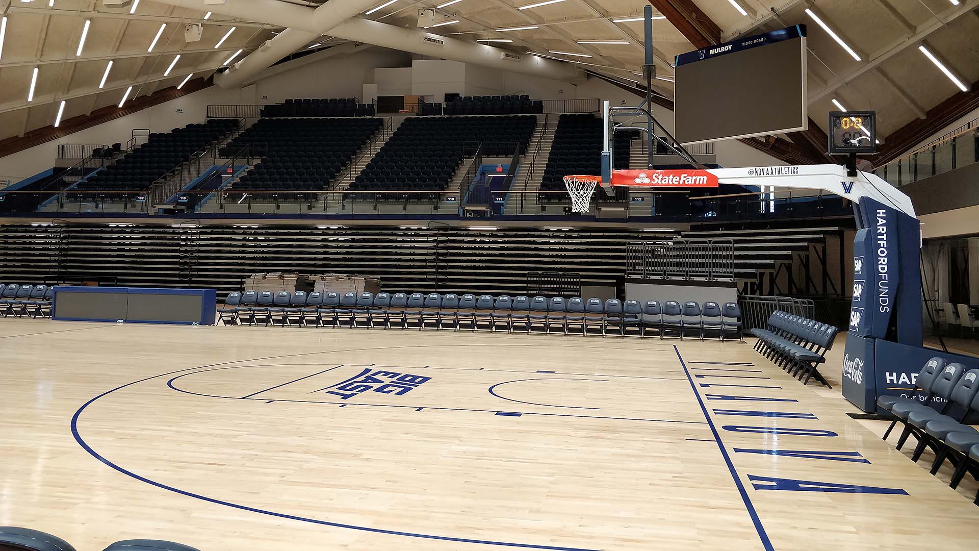 Courtside view of the aluminum decking system and bleacher seating at Finneran Pavilion.