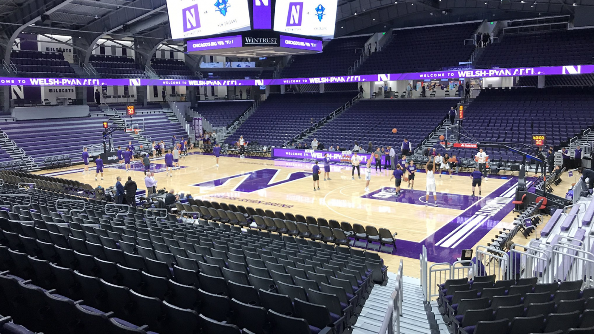A closer view of Welsh-Ryan Arena: visible is the arena's custom bleacher seats.