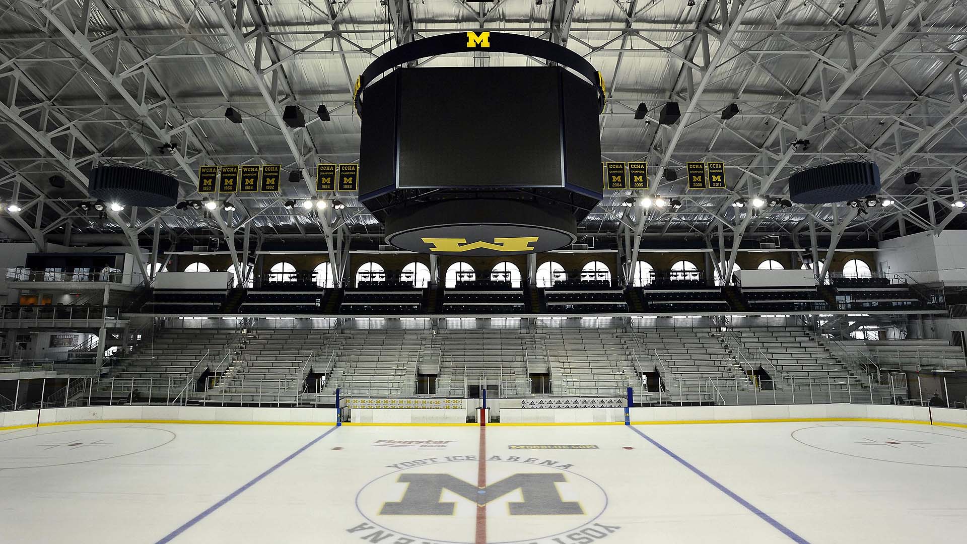 Yost Ice Arena and a view of the decking system and aluminum bleachers surrounding the ice rink.