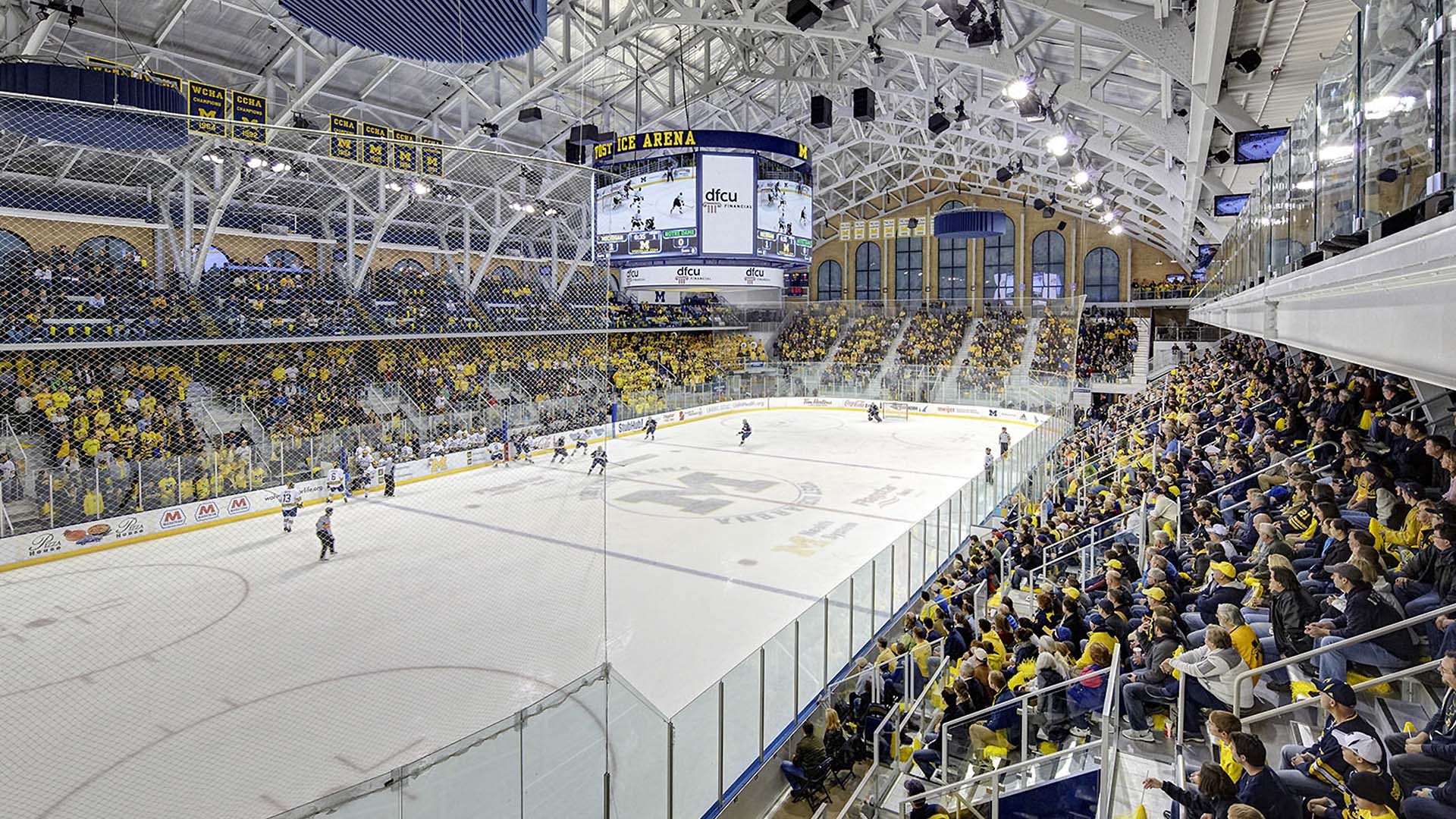 Arena seating filled with fans at Yost Ice Arena.