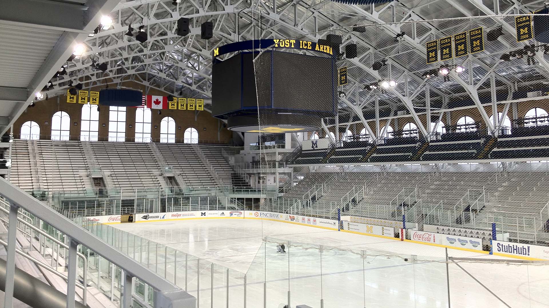 Full seat concept view of Yost Ice Arena - featuring a large indoor grandstand seating structure.