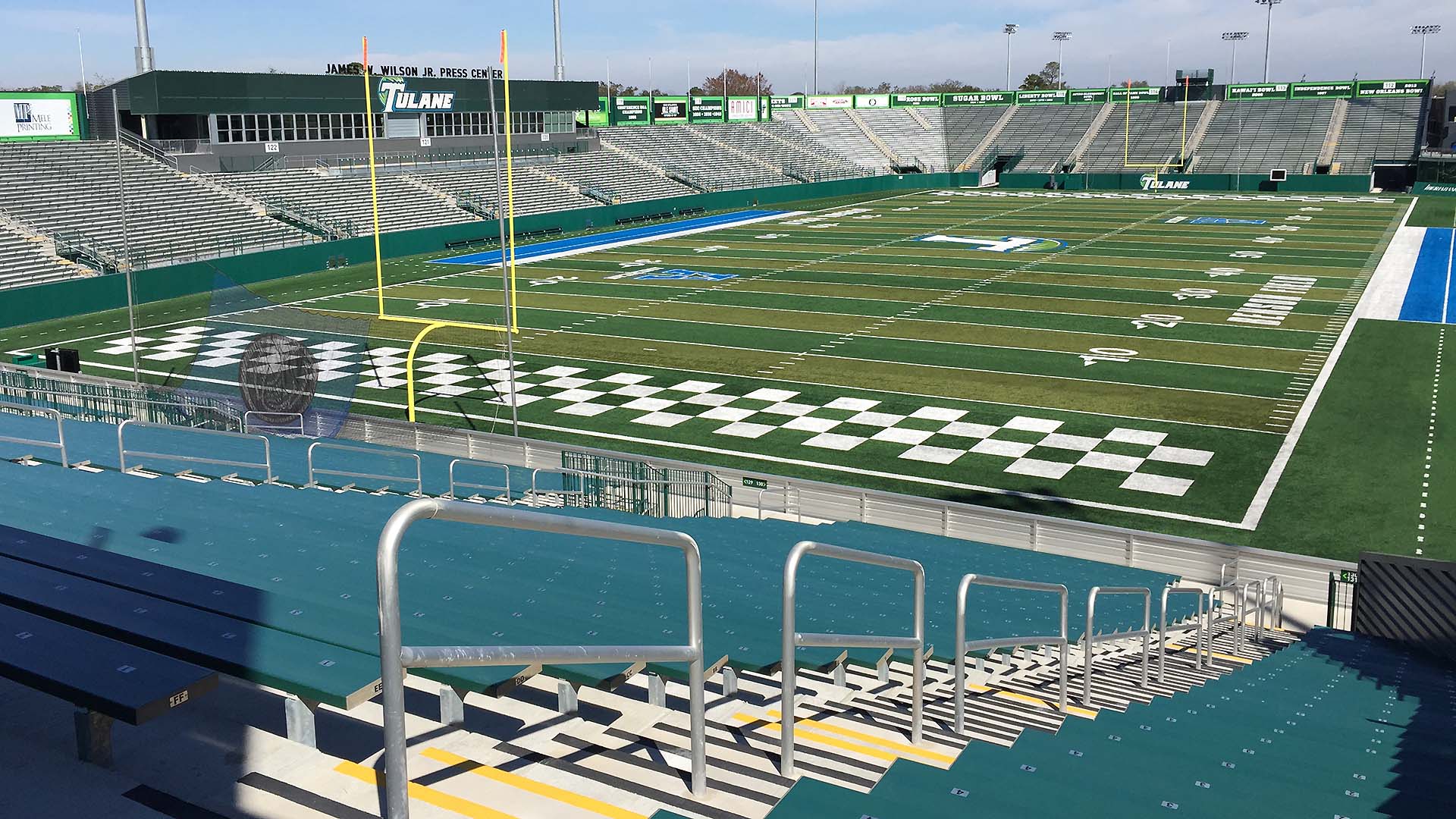 Yulman Stadium: view of aluminum bleachers and decking system.