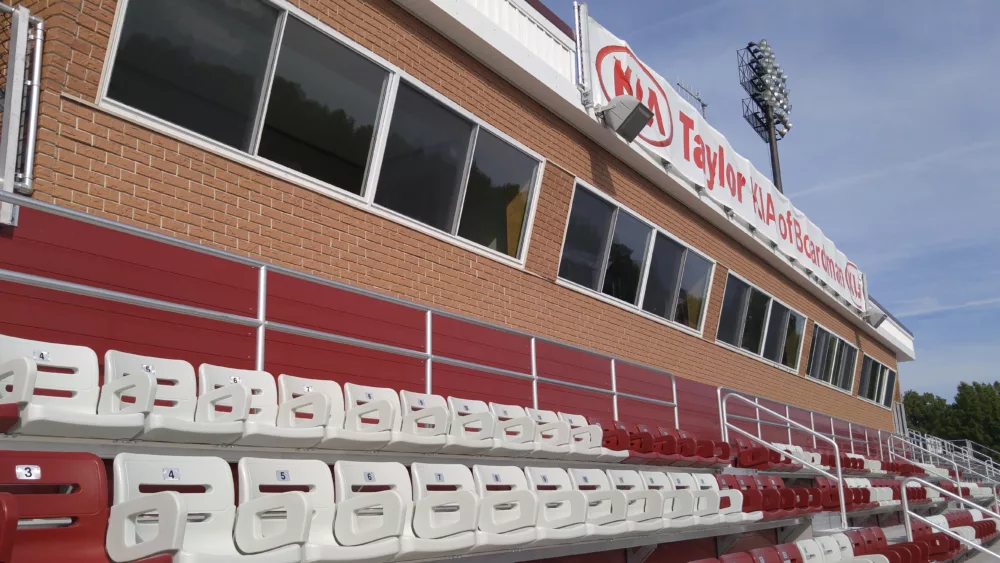 Oversized press box in Boardman, Ohio spanning 102 feet in length, featuring architectural panel system to give the look of a brick finish.
