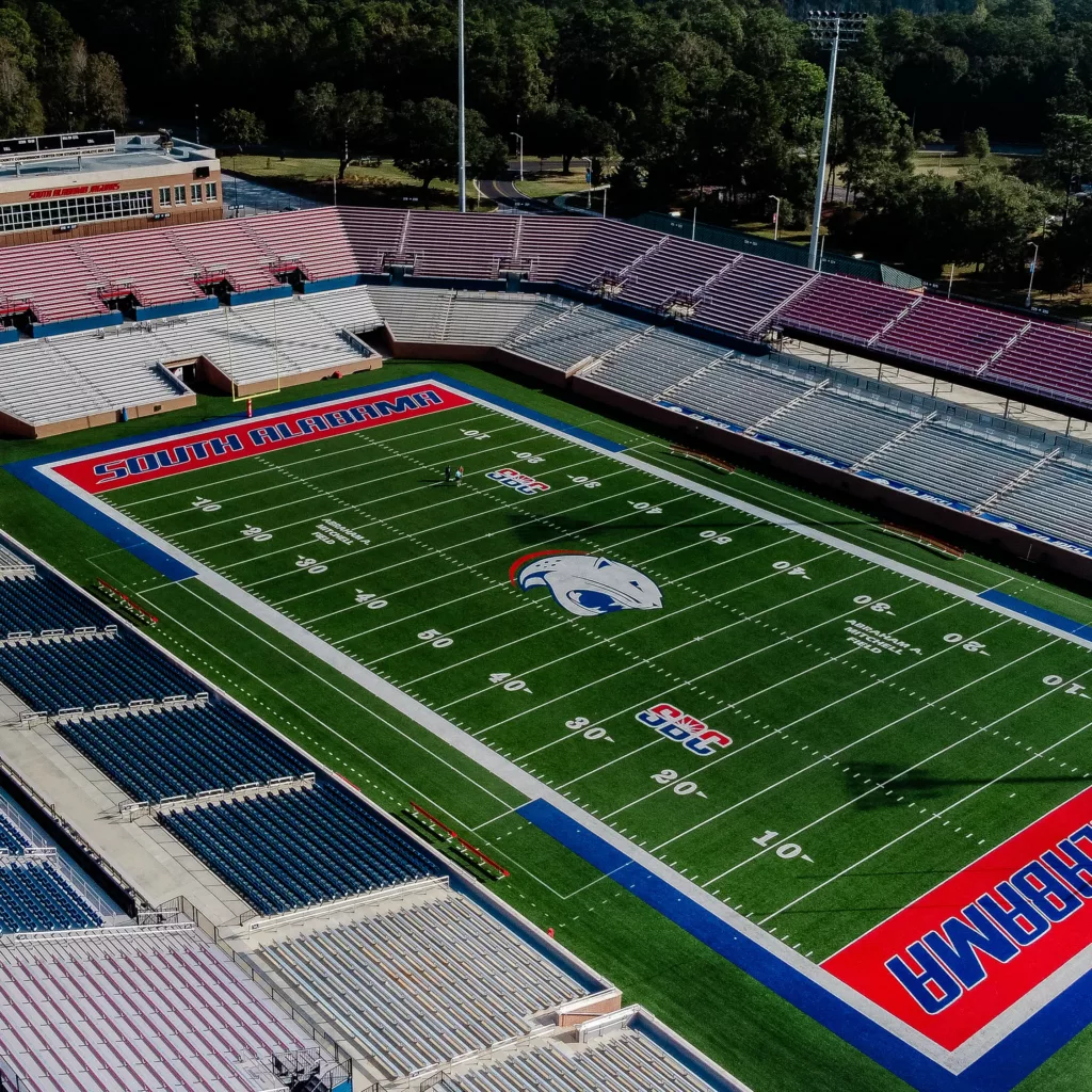 Hancock Whitney Stadium: a view of the stadium system showcasing the field and bleacher seating.
