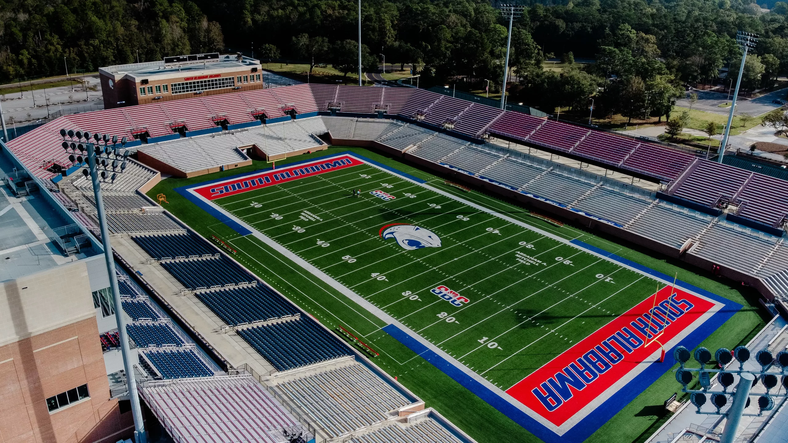 Hancock Whitney Stadium: a view of the stadium system showcasing the field and bleacher seating.