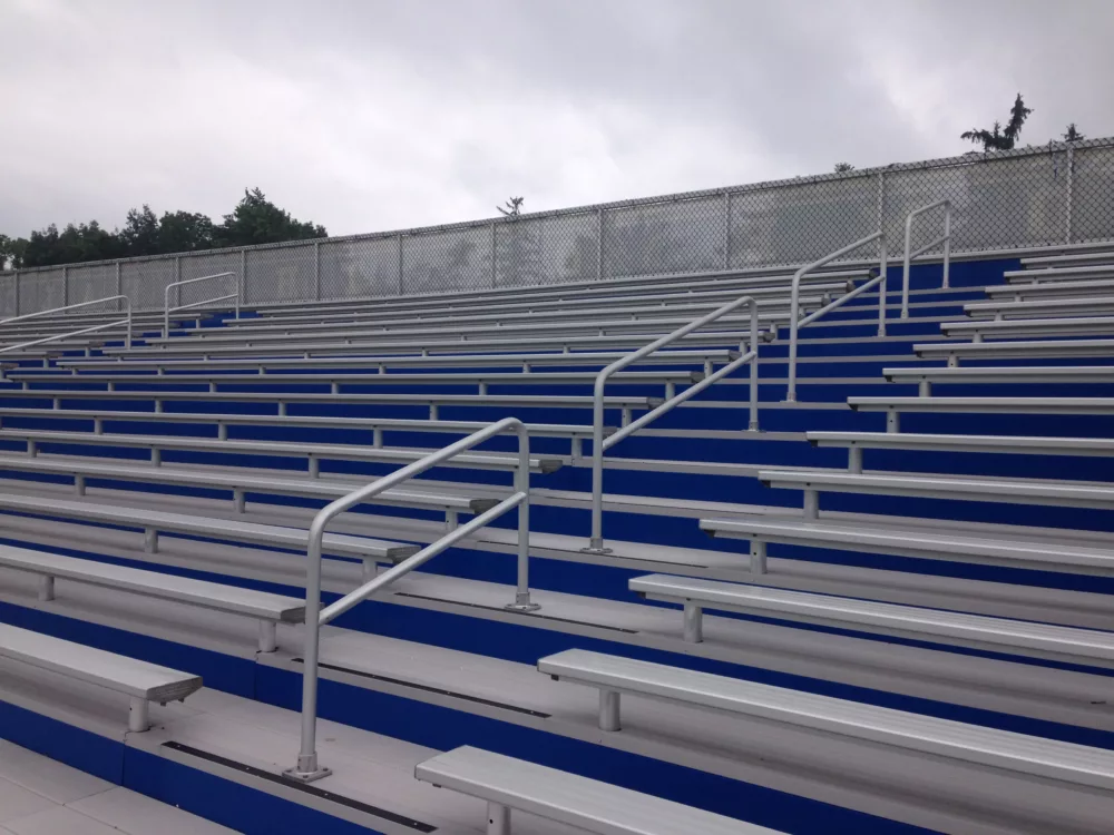 image of grandstand with bench seating and blue powder coated risers