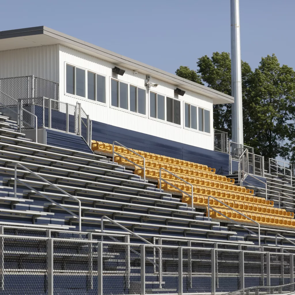 View of grandstand and press box at Tallmadge High School.